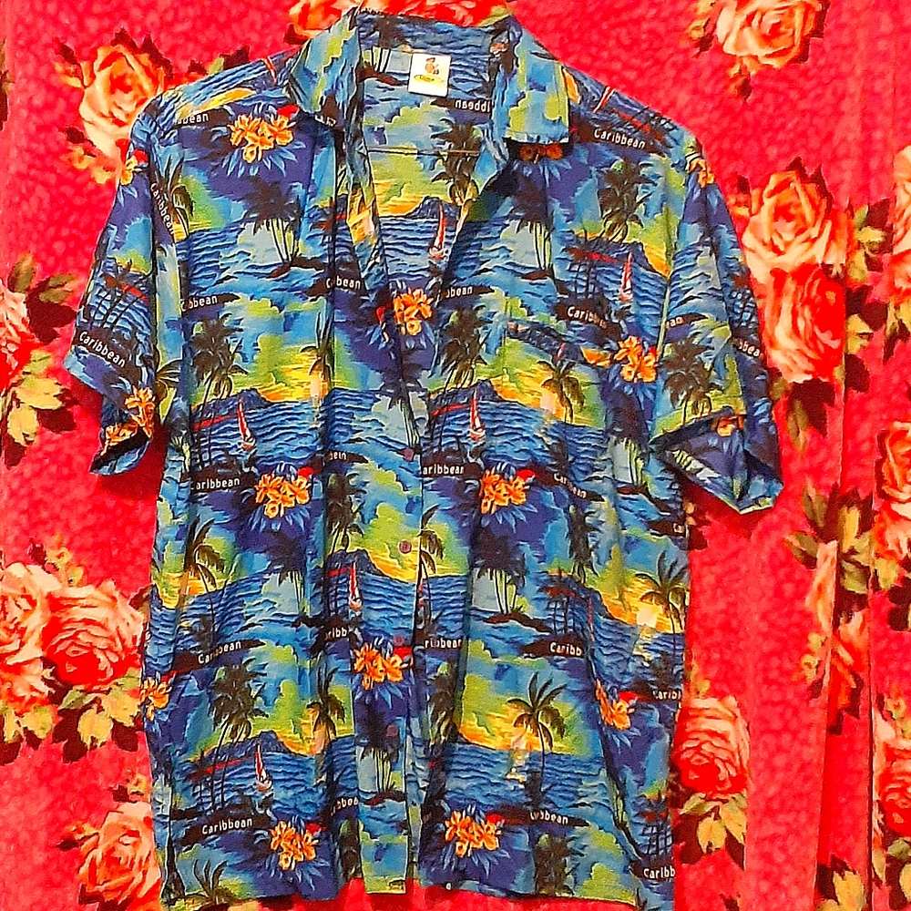 Blue Caribbean Island style Vacation Shirt ,Size Large!